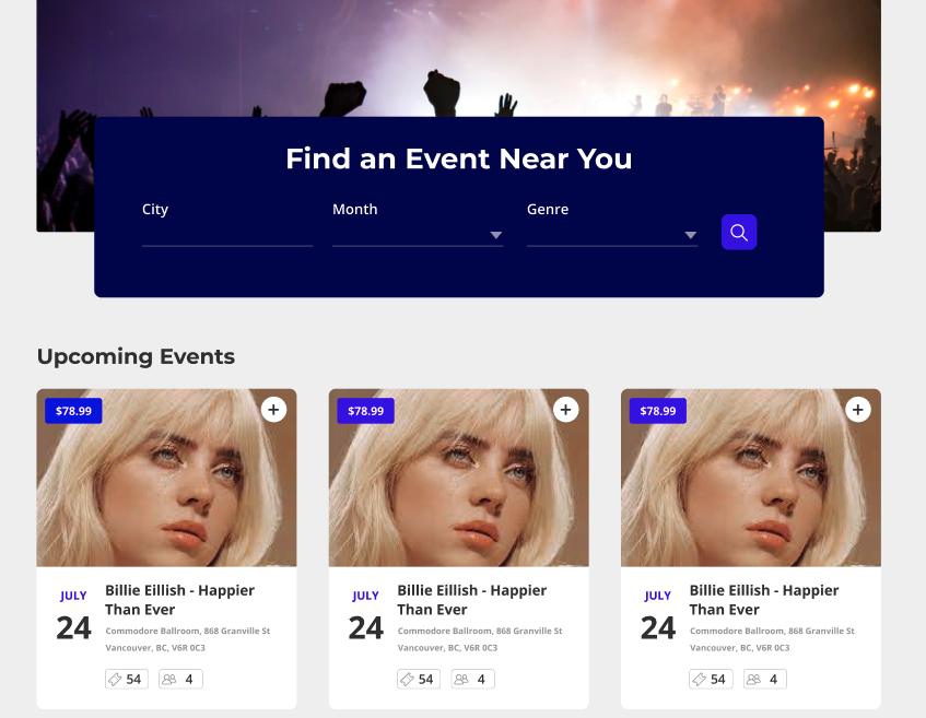 Web page loaded with concerts